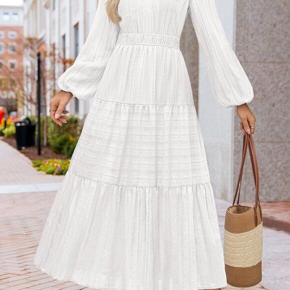 Women's 2025 Fall Puff Long Sleeve Maxi Dress Casual V Neck Elastic Waist Tiered - Picture 2 of 6